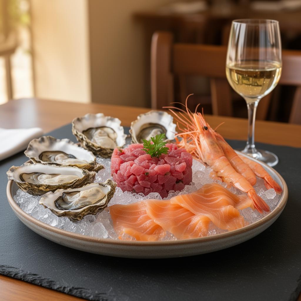 Crudi freschi di mare abbinati a un calice di vino selezionato
